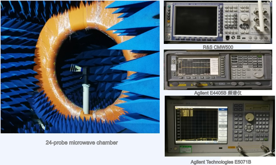 A5800 test setup — 24-probe microwave anechoic chamber, R&S CMW500, Agilent E4405B spectrum analyzer, Agilent E5071B network analyzer