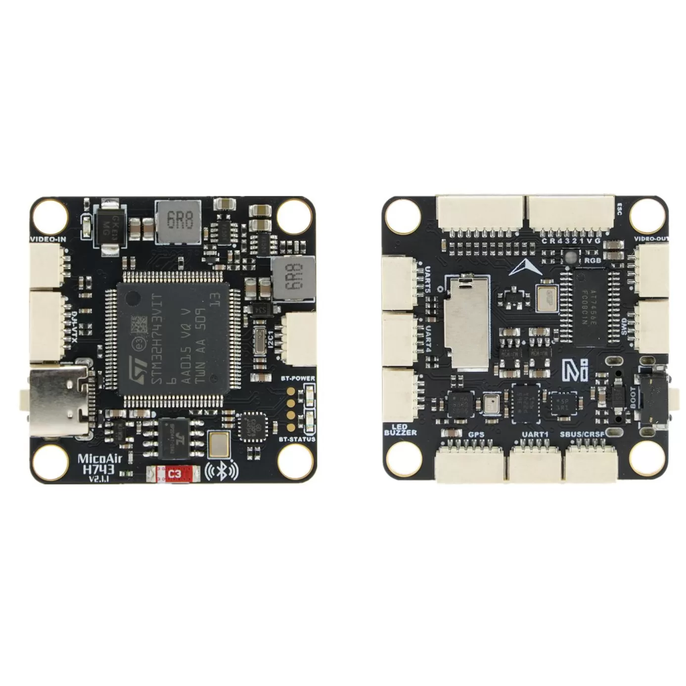 MicoAir H743 V2 flight controller — STM32H743, dual IMU, Bluetooth telemetry, 30.5×30.5 mount
