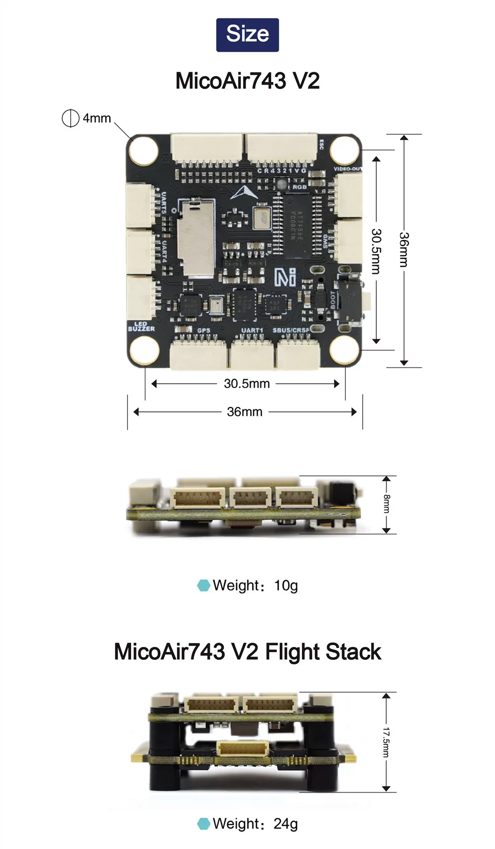 MicoAir H743 V2 physical dimensions — 36×36×8 mm, 30.5×30.5 mounting pattern