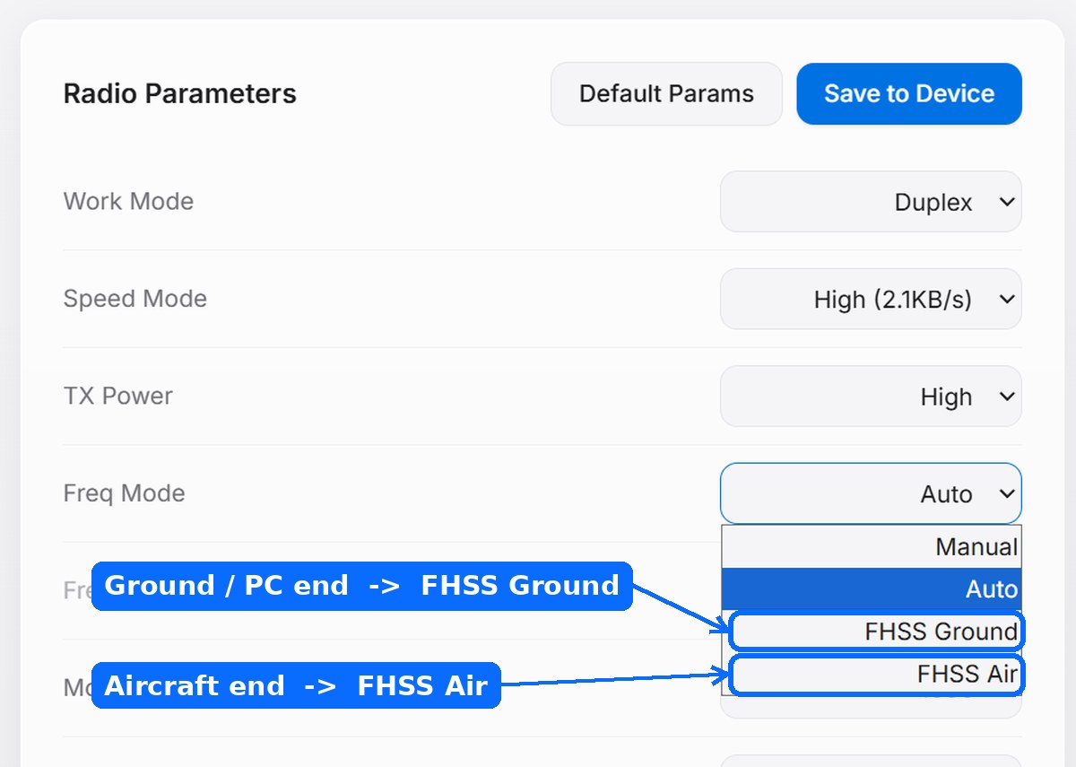 MicoAssistant Freq Mode dropdown showing Manual, Auto, FHSS Ground and FHSS Air, with FHSS Air marked as the aircraft end and FHSS Ground as the ground end