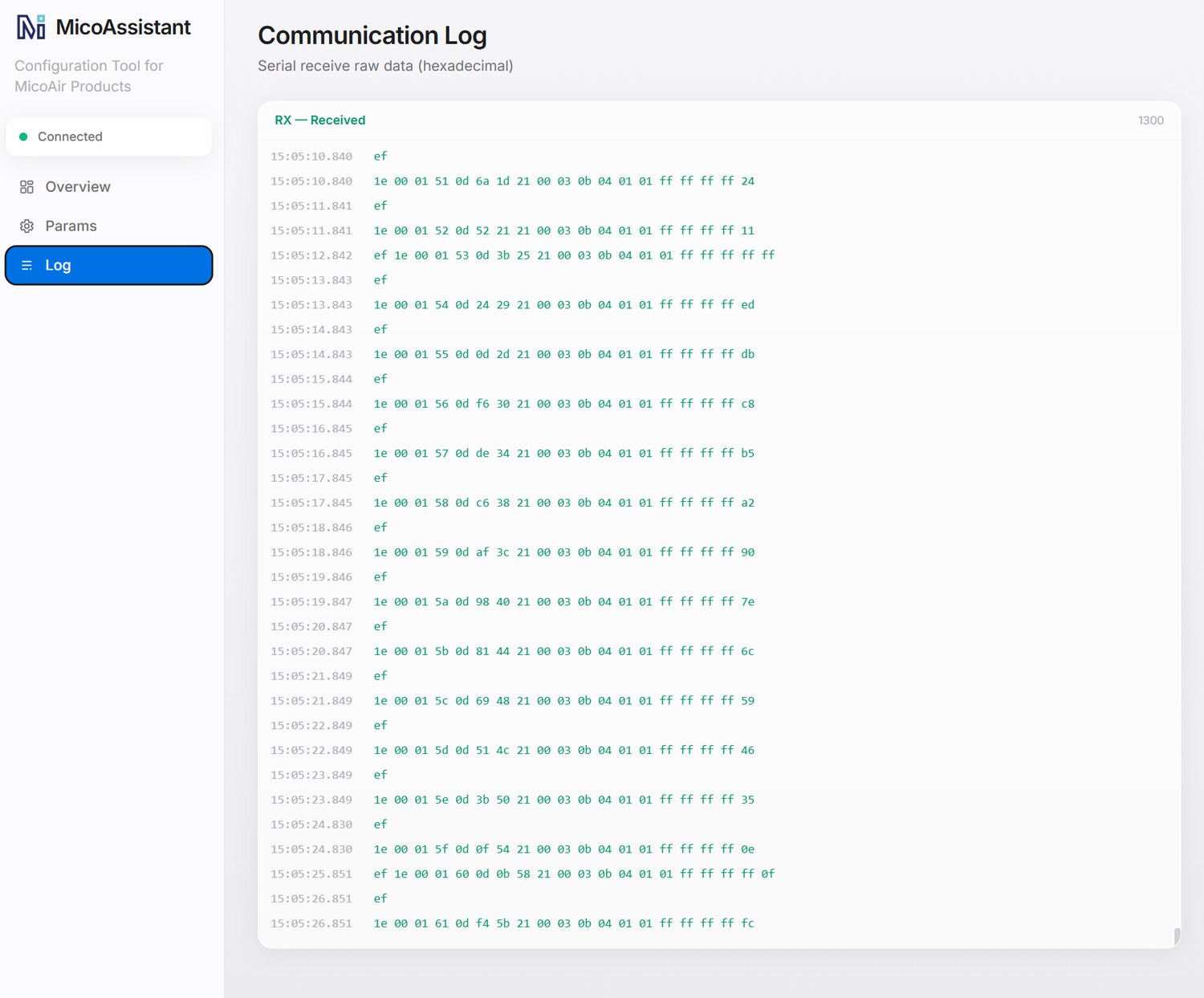MicoAssistant Log tab showing raw hexadecimal serial data in the RX Received pane, confirming the link is passing traffic