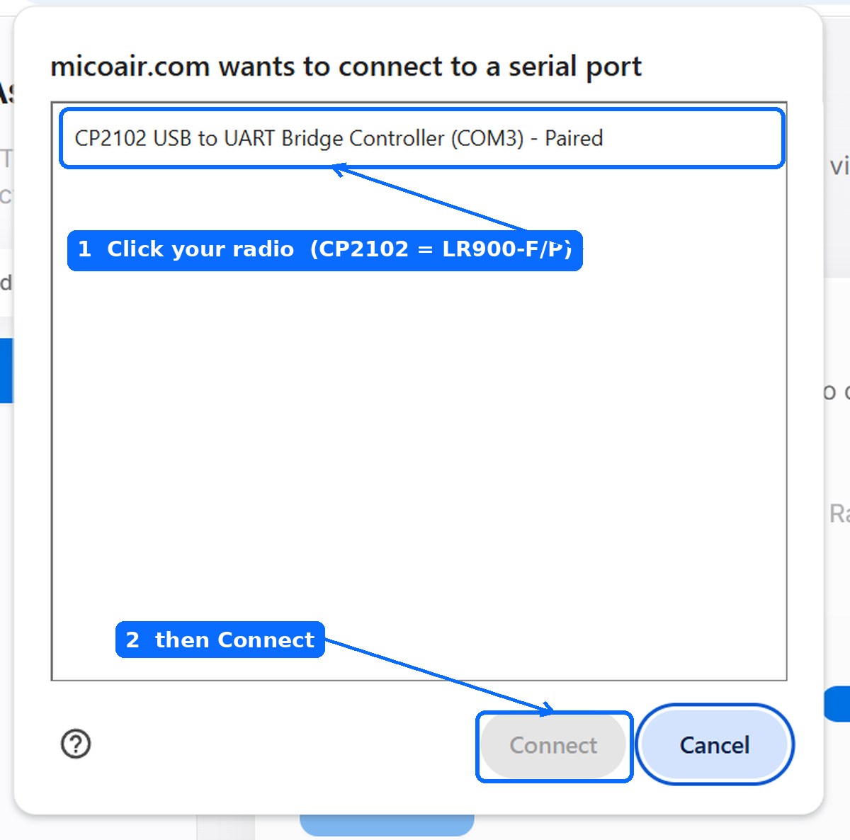 Browser serial-port chooser with the CP2102 USB to UART Bridge device selected, then the Connect button