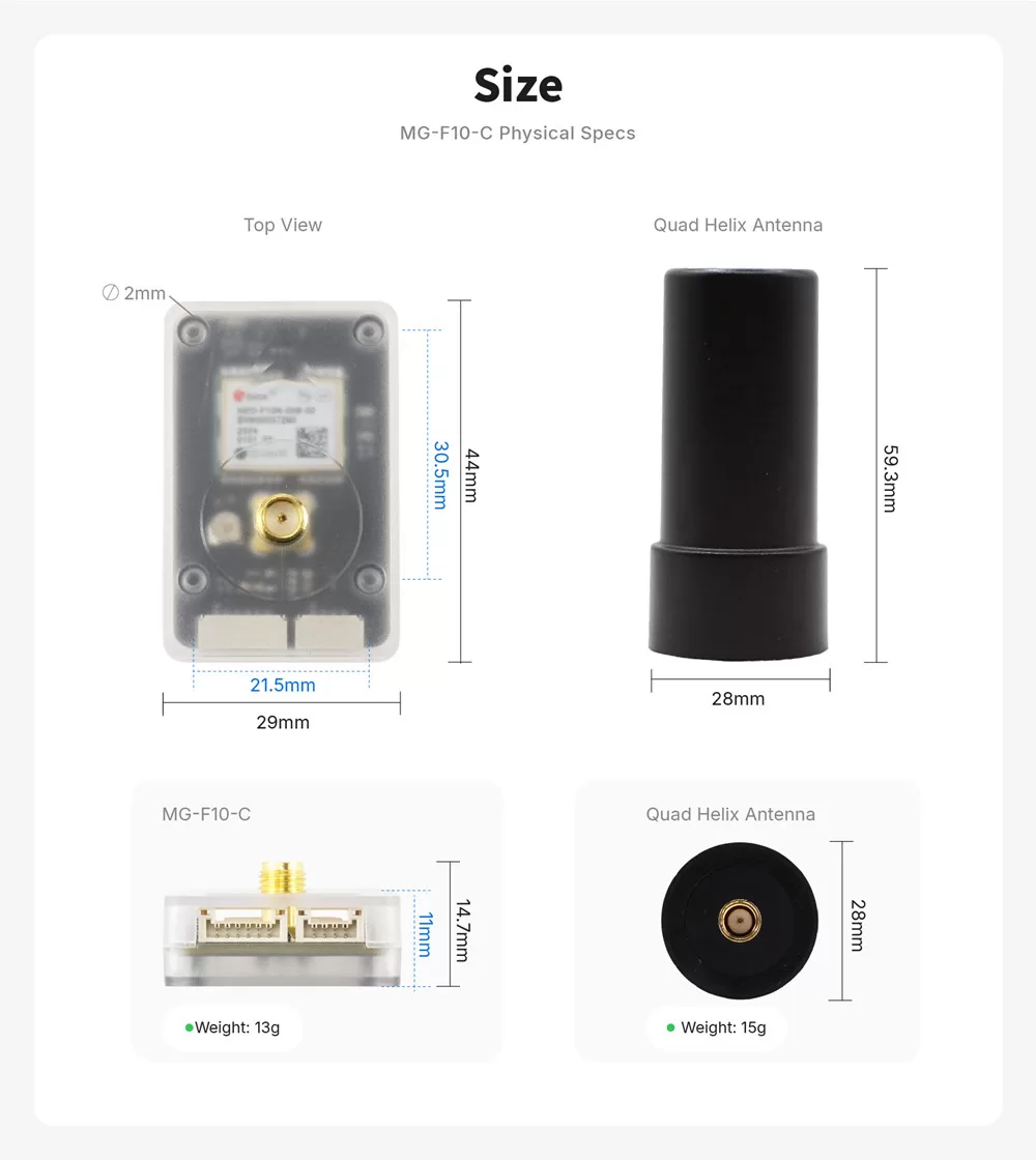 MG-F10-C physical dimensions — module 29×44×14.7mm with 30.5×21.5mm mounting holes, antenna 28×59.3mm