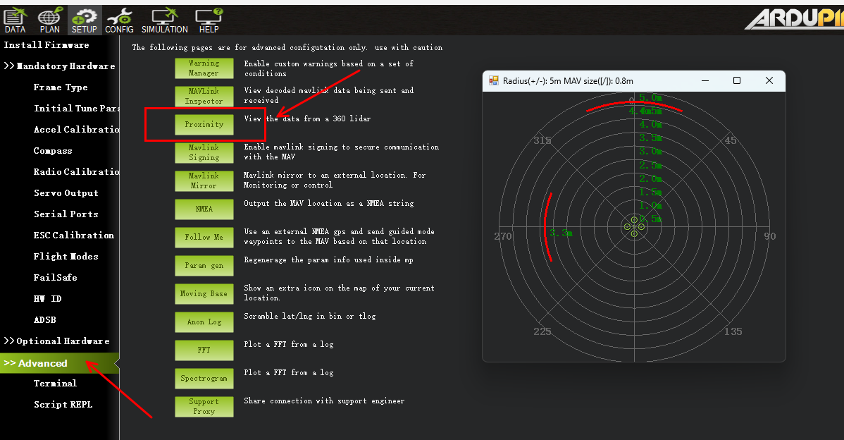 Mission Planner Proximity view showing two MT-01P sensors facing Forward and Left
