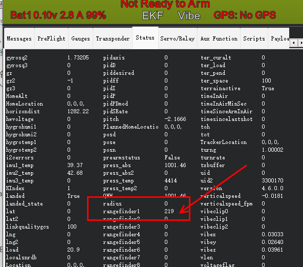Mission Planner status tab showing rangefinder1 distance from the MT-01P