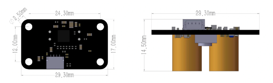 MTF-01 dimensions — 29.3 × 17 × 14.5 mm, 24.3 × 12 mm mounting holes