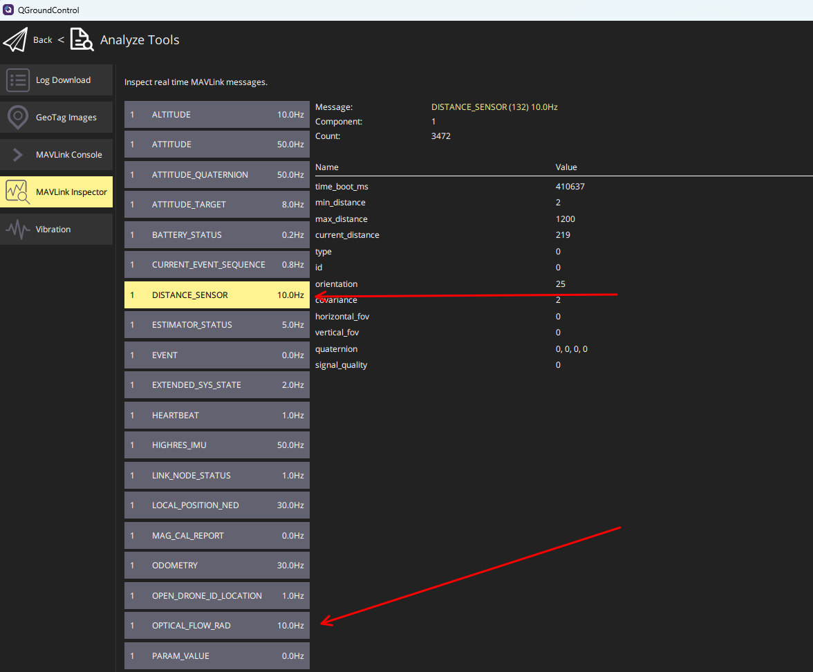 QGC MAVLink Inspector showing DISTANCE_SENSOR and OPTICAL_FLOW_RAD messages