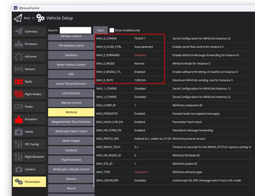 MAVLink parameters in QGroundControl