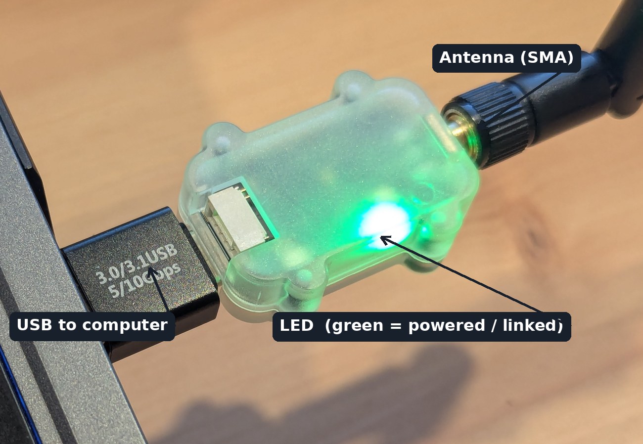 LR900-F/P 915 MHz telemetry radio plugged into a laptop, antenna attached and green status LED lit, with the antenna, LED and USB connection labelled