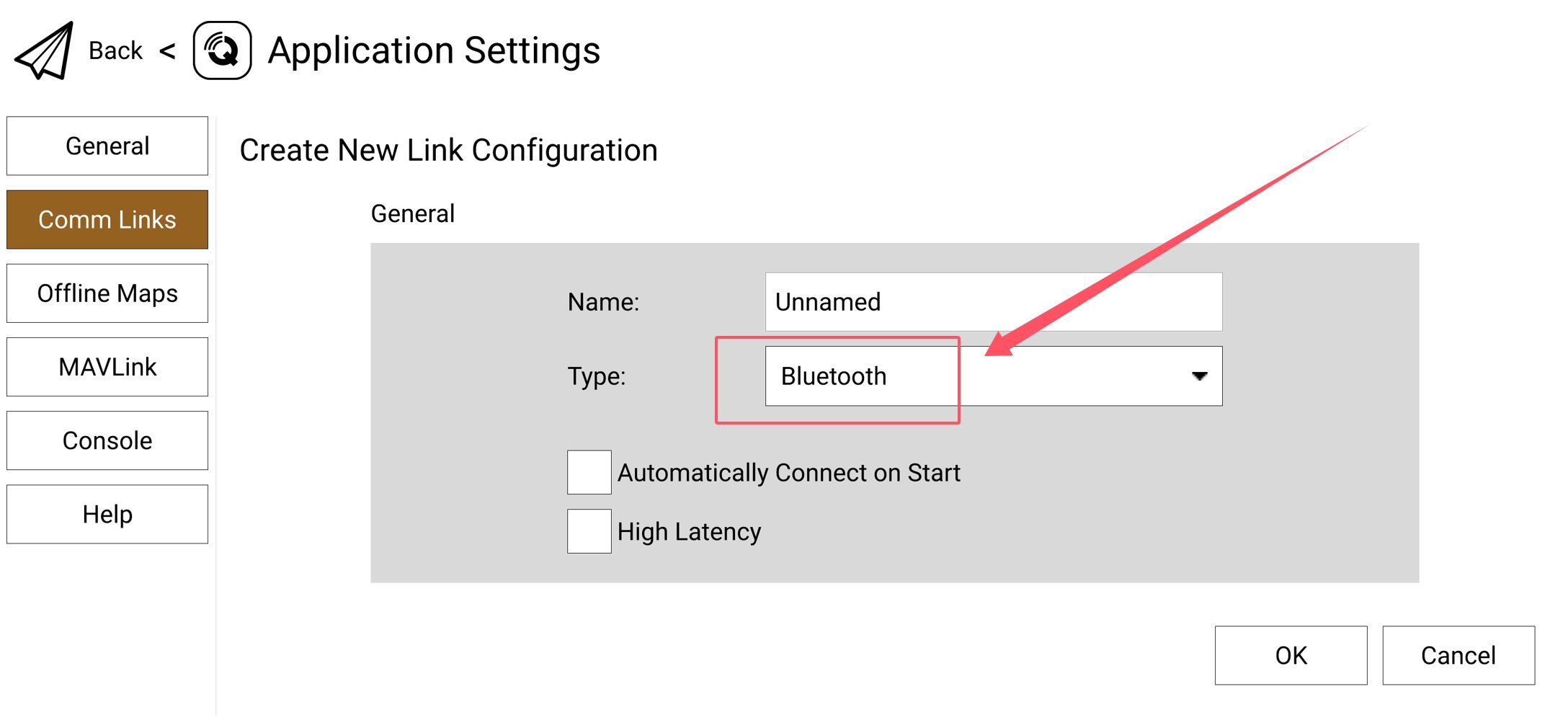 QGC Android — select Bluetooth as the link type