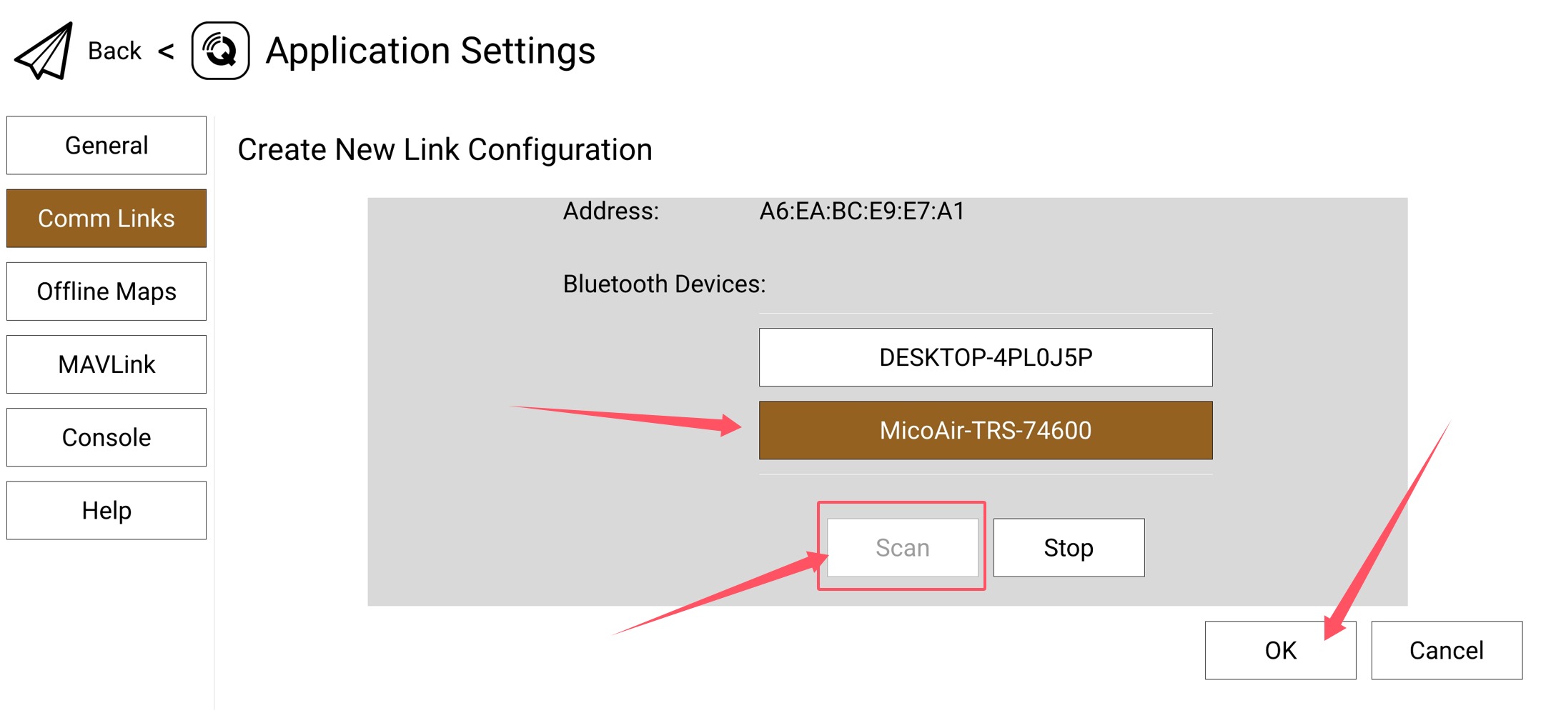 QGC Android — scan and select the MicoAir-TRS device