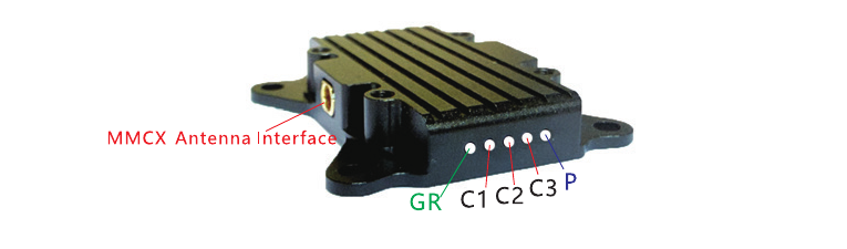 VT5804 LED indicators — GR band indicator, C1-C3 channel indicators, P power indicator, MMCX antenna interface