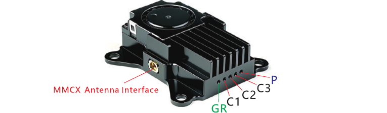 VT5805 LED indicators — GR band indicator, C1-C3 channel indicators, P power indicator, MMCX antenna interface