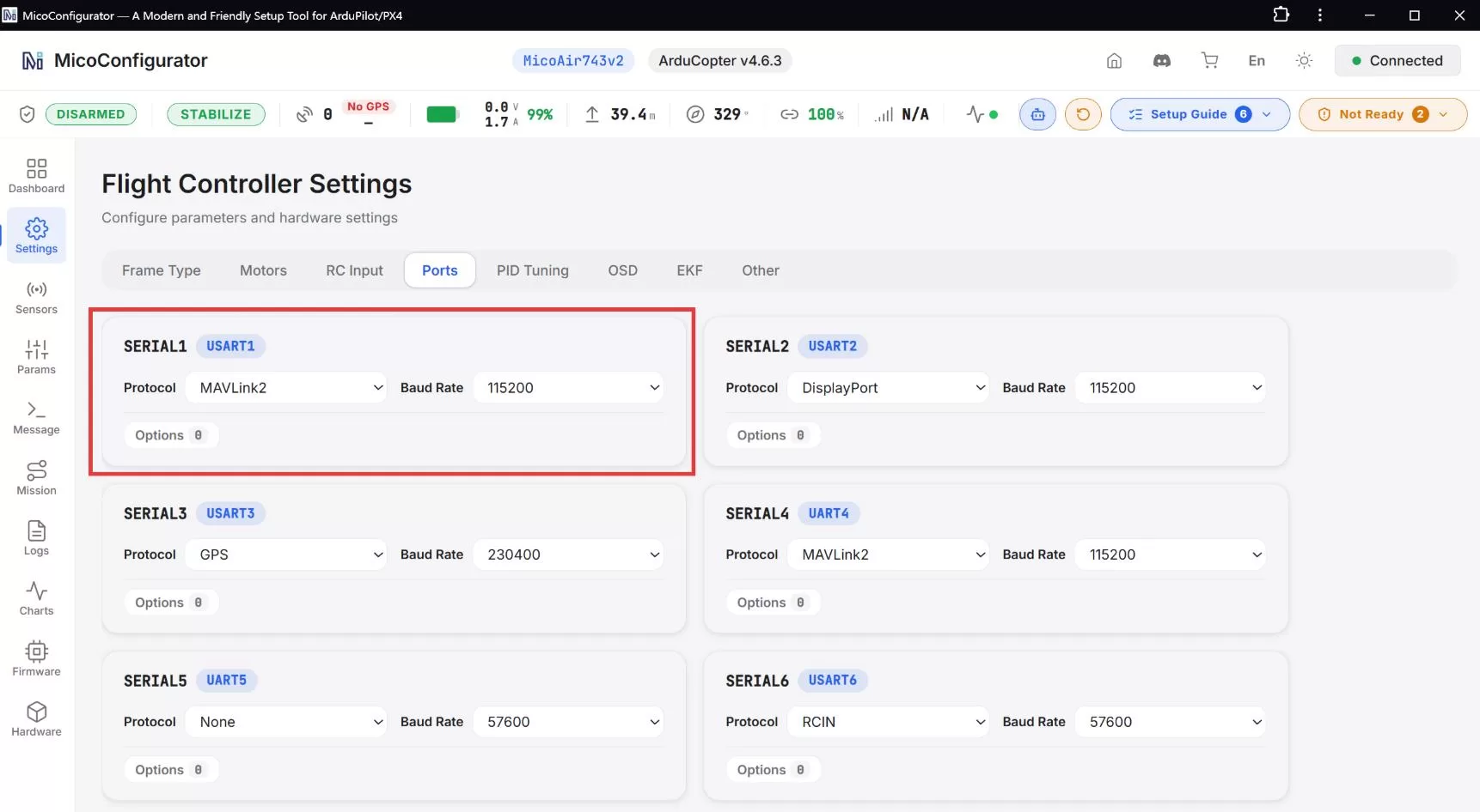 Setting SERIAL1 protocol and baud for the WiFi Link in MicoConfigurator