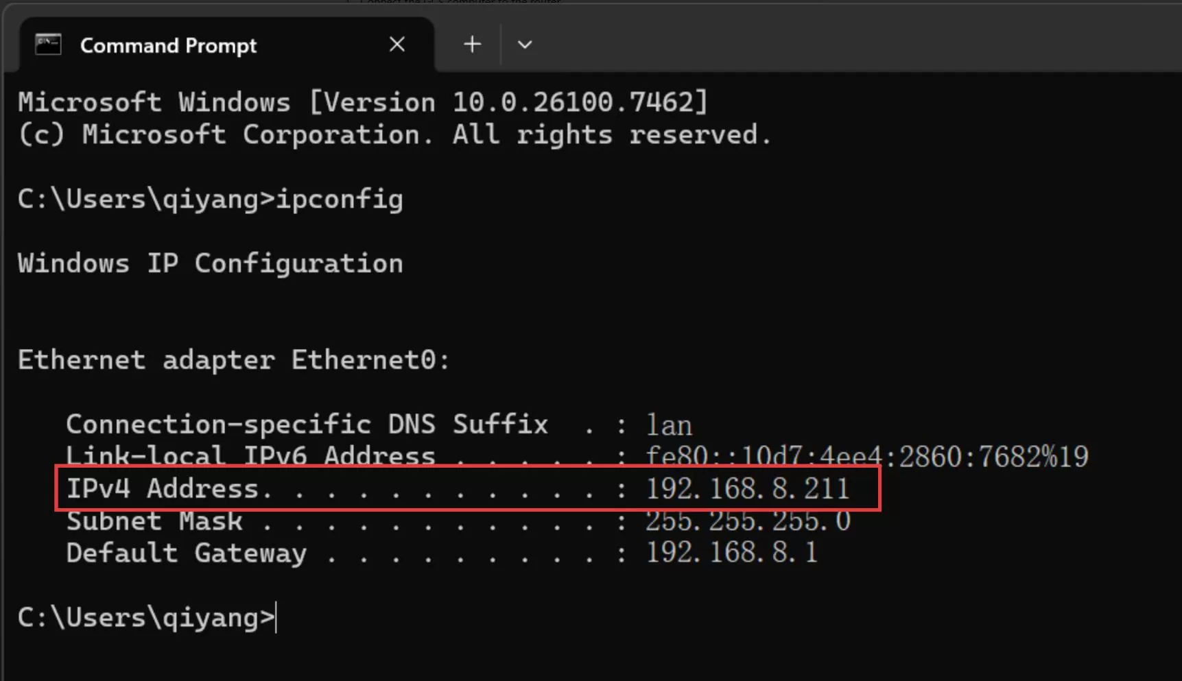 Finding the ground-station PC IPv4 address with ipconfig in Command Prompt