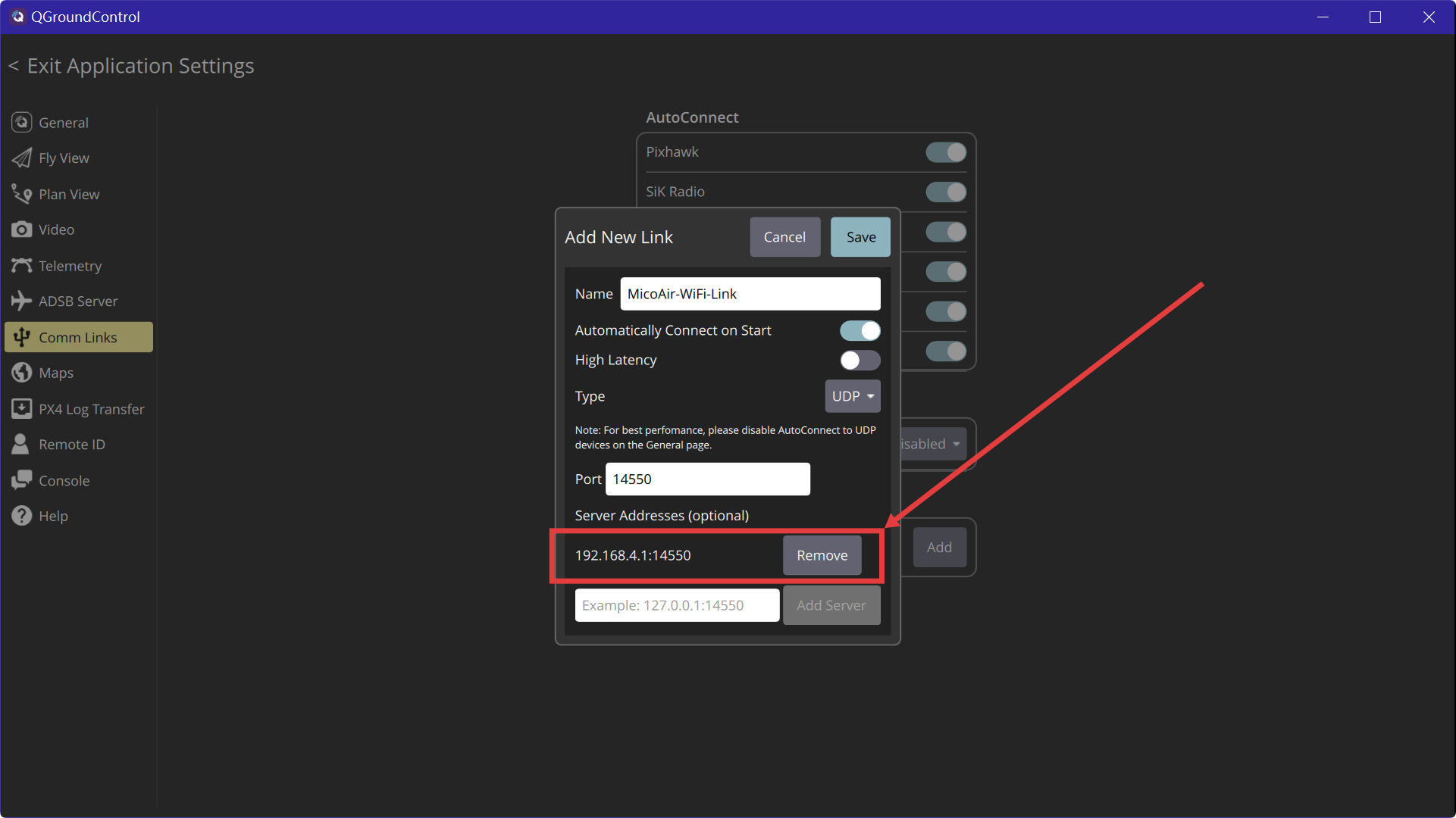 QGroundControl UDP comm link to the MicoAir WiFi Link
